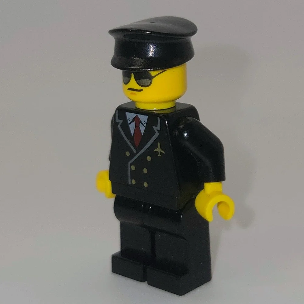 LEGO Pilot Minifigure Black Uniform Sunglasses Black Cap Airplane Pin